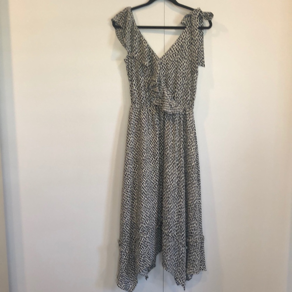 Faux wrap ruffled printed midi dress